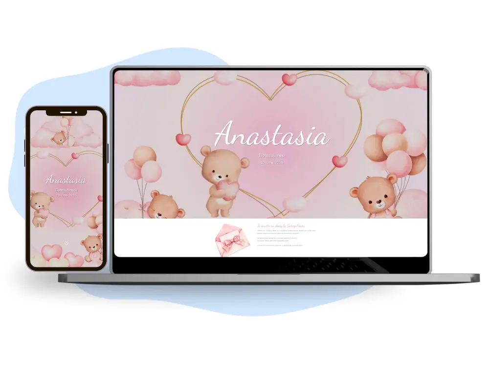 Invitație de botez online cu tematică roz cu ursuleți.