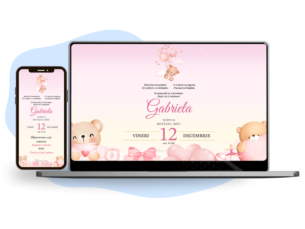 Invitație de botez online cu tematică ursuleți roz.