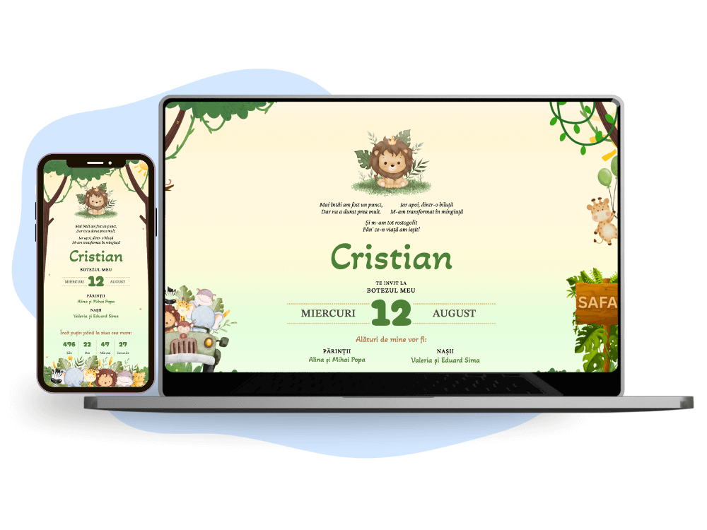Invitație de botez online pentru fete și băieți cu tematică junglă, safari și leu.