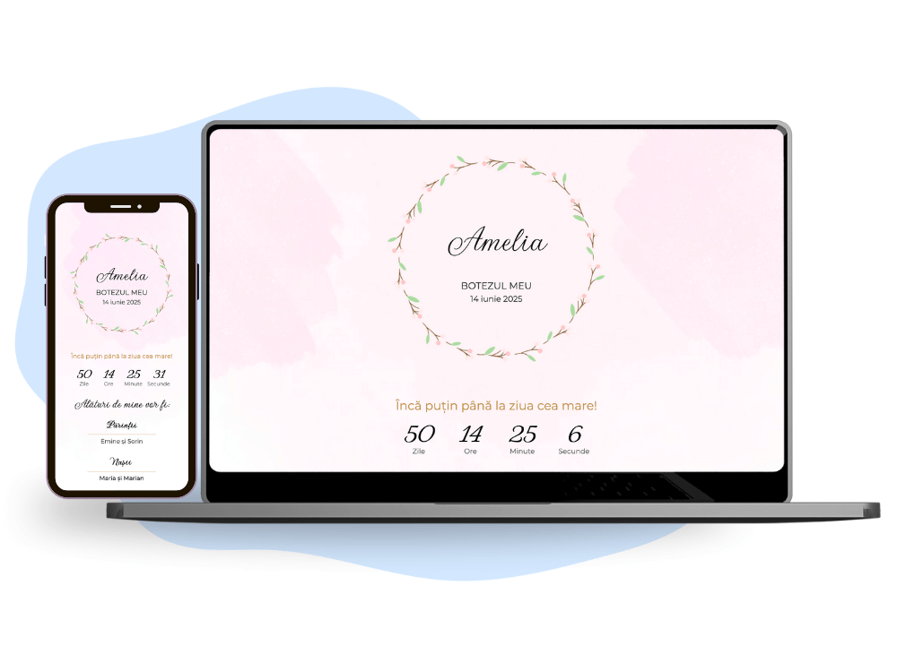 Invitație de botez online cu tematică draguță roz.