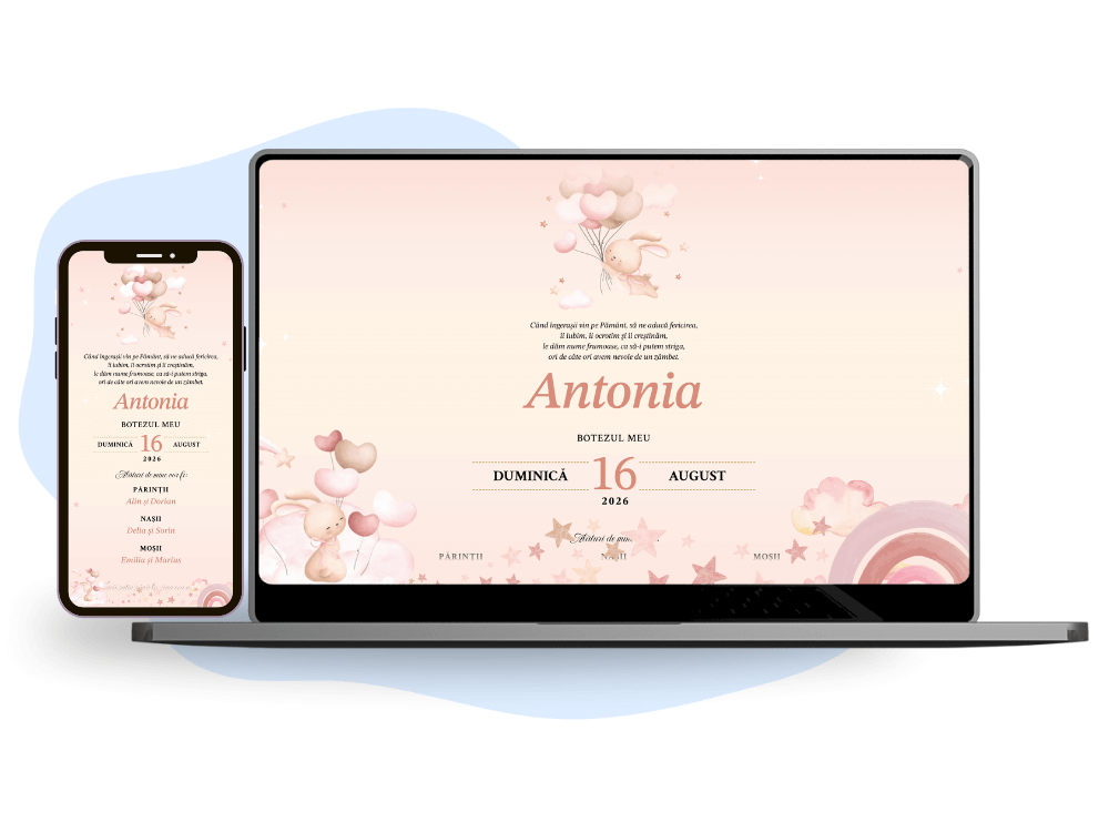 Invitație de botez online cu tematică iepurași roz.