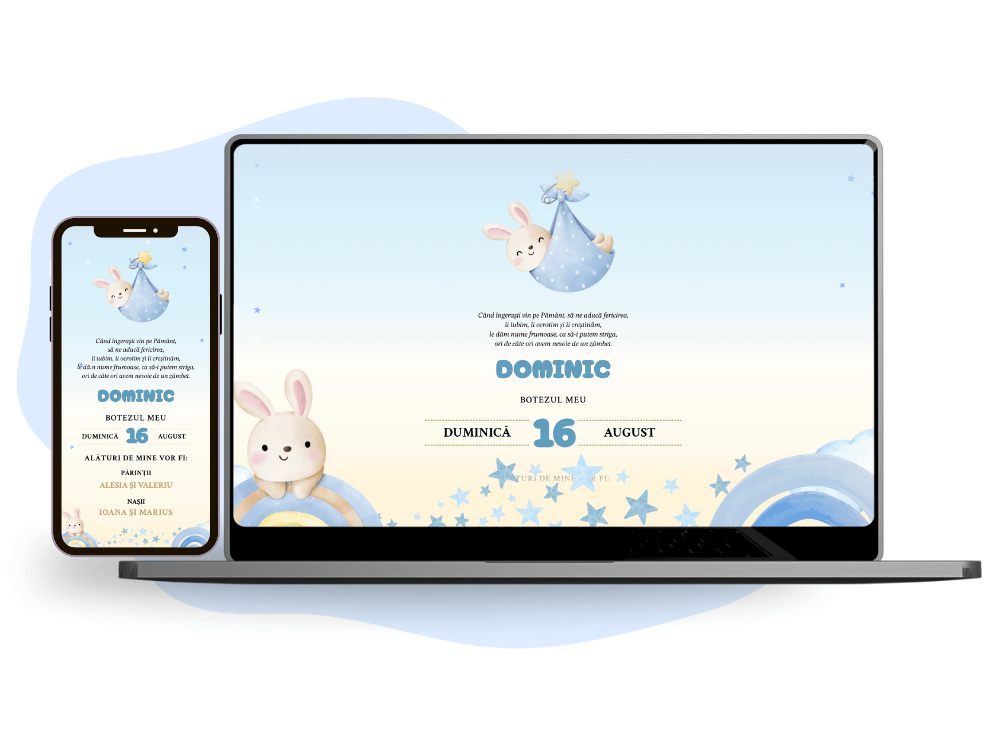 Invitație de botez online pentru băieței cu tematică albastră și iepurași.