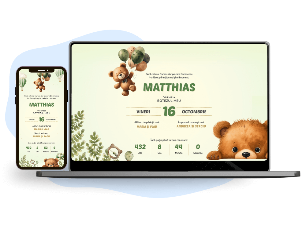 Invitație de botez online pentru băieței cu tematică verde, ursuleți și curcubeu.